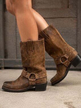 FRYE O Ring Harness Suede Leather 12R Vintage Patina Moto Boots in Brown | 7.5